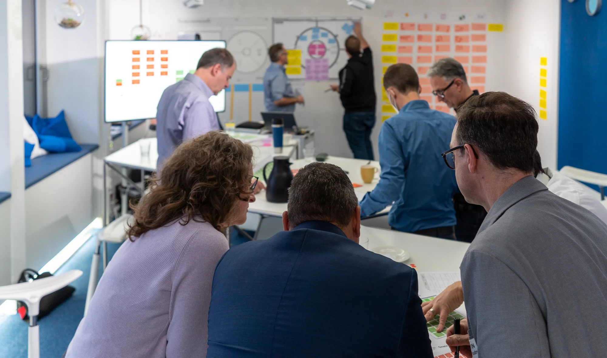 Workshop: Ein Team arbeitet an Tischen und an Wänden voller Haftnotizen.