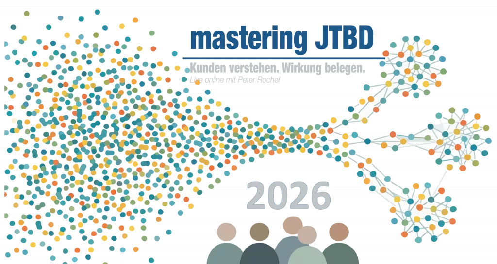 Visualisierung des Mastering-JTBD-Workshops von Oberwasser Consulting – Verbindung von Jobs-to-be-Done Framework, KI-Assistenz im qualitativen Research und rechtssicherem KI-Einsatz gemäß EU AI Act.
