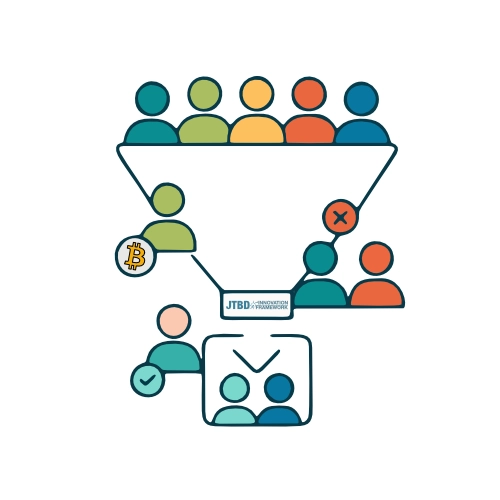 Illustration eines Marketing-Funnels mit Figuren-Icons, verworfenen Leads und zwei qualifizierten Ergebnissen.