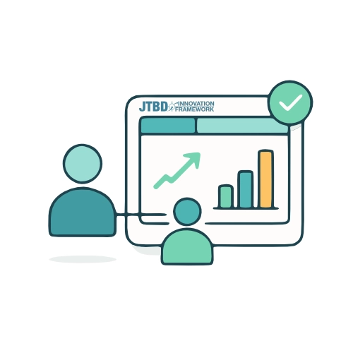Illustration eines Dashboards mit steigenden Balken und grünen KPIs neben einer runden Figur.