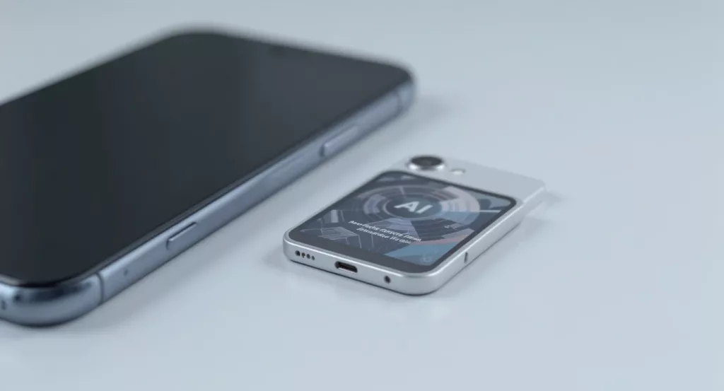 iKKO Mind One AI-Mini-Smartphone neben normalem Telefon, Größenvergleich – JTBD Reality Check