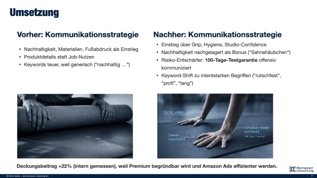 JTBD Case Study Mantrafant – Vorher und Nachher der Kommunikationsstrategie: Wechsel vom Fokus Nachhaltigkeit auf Rutschfestigkeit, Wohlgefühl und emotionalen Mehrwert