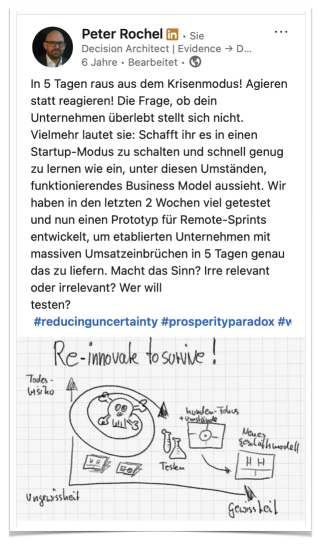 Original LinkedIn-Post von Peter Rochel mit handgezeichneter Skizze Re-Innovate to Survive, März 2020