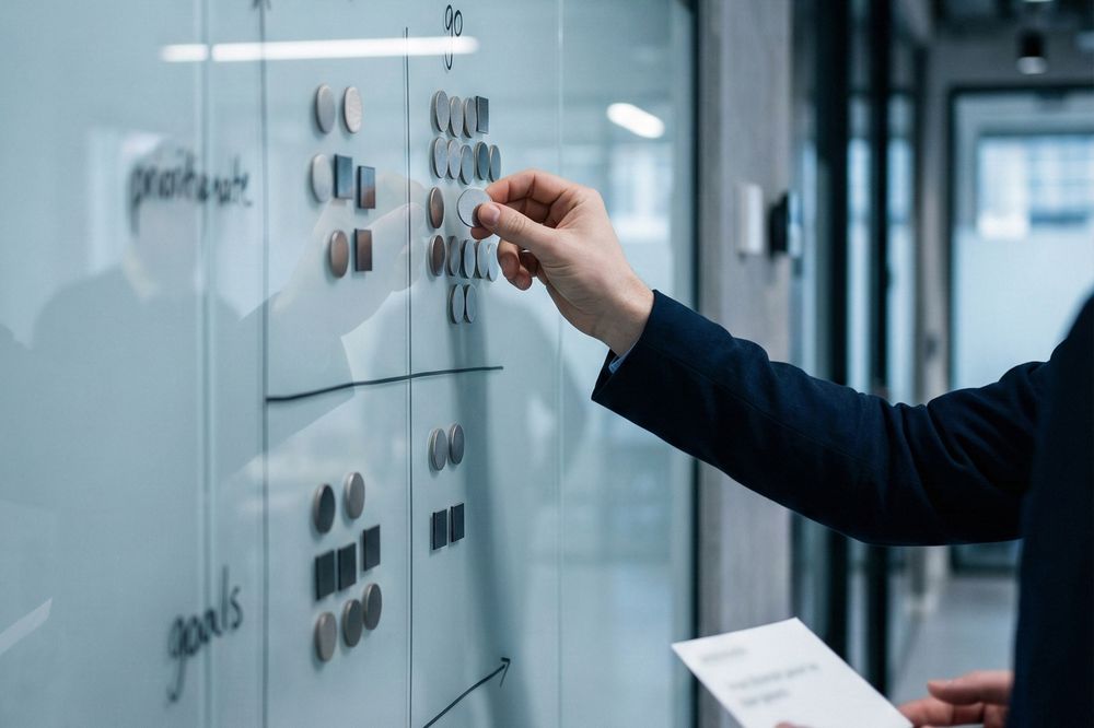 Hand ordnet Haftnotizen an einer Glaswand zu Gruppen
